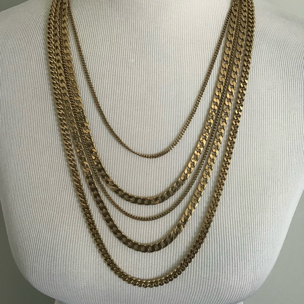 Vintage J CREW Multi Thickness 5 Stranded Collar Gold Toned Heavy Necklace 15”